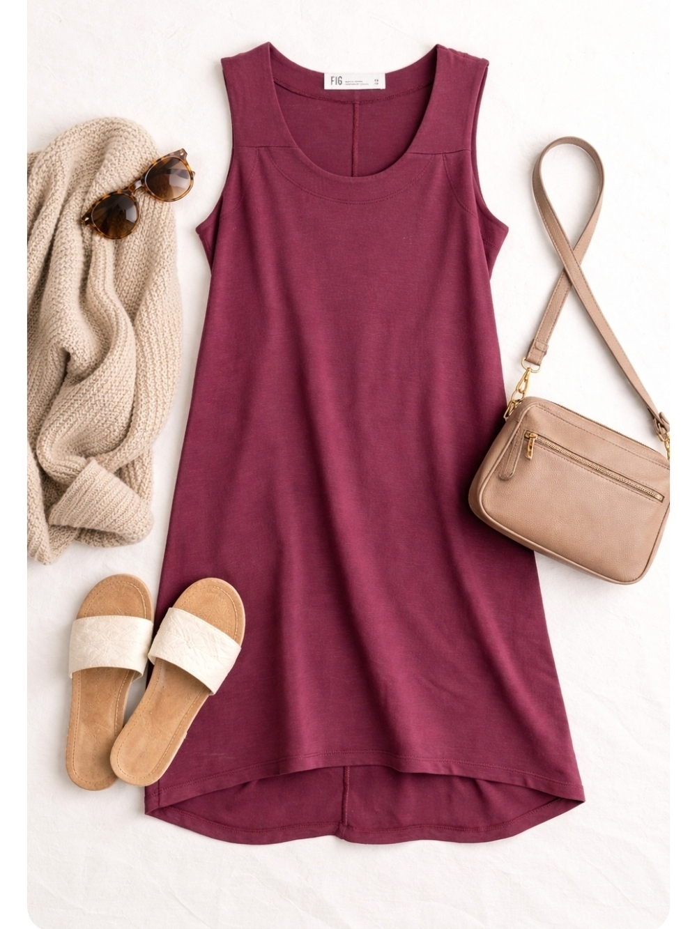 FIG Sleeveless Modal Travel Dress Burgundy Soft Stretch Tunic XS